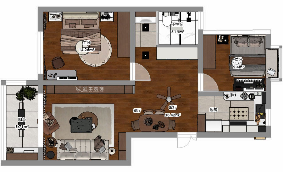 朱明琪｜时光澔韵3-2-902-90㎡-现代中古风｜2室2厅1卫｜老房装修｜定制家｜全包13万｜00_03平面彩图